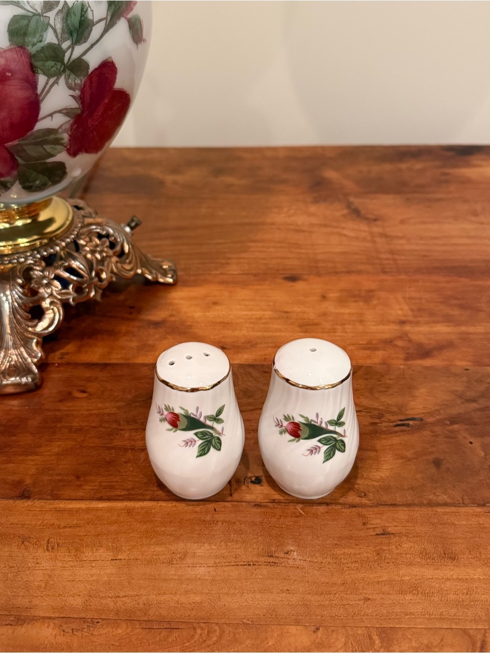 Lynn’s Fine China Victorian Rose salt and pepper shakers with gold rim